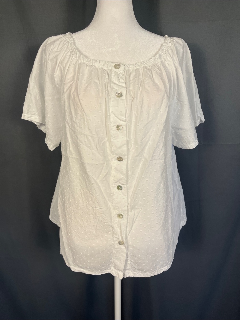 Women's White Button-Front Swiss Dot Blouse